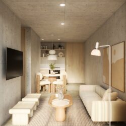 Sala moderna del proyecto Verde Horizonte en Quimbaya con diseño funcional y espacios iluminados.