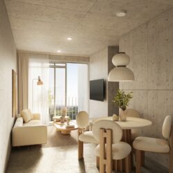 Sala moderna del proyecto Verde Horizonte en Quimbaya con diseño funcional y espacios iluminados.