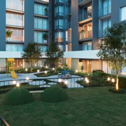 Zona social del proyecto Verde Horizonte con parque infantil y área para mascotas.