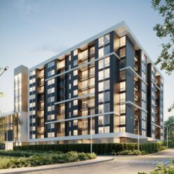 Vista lateral del edificio Verde Horizonte con diseño moderno y 11 pisos.