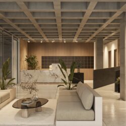 Lobby del proyecto Verde Horizonte con recepción moderna y acceso seguro.